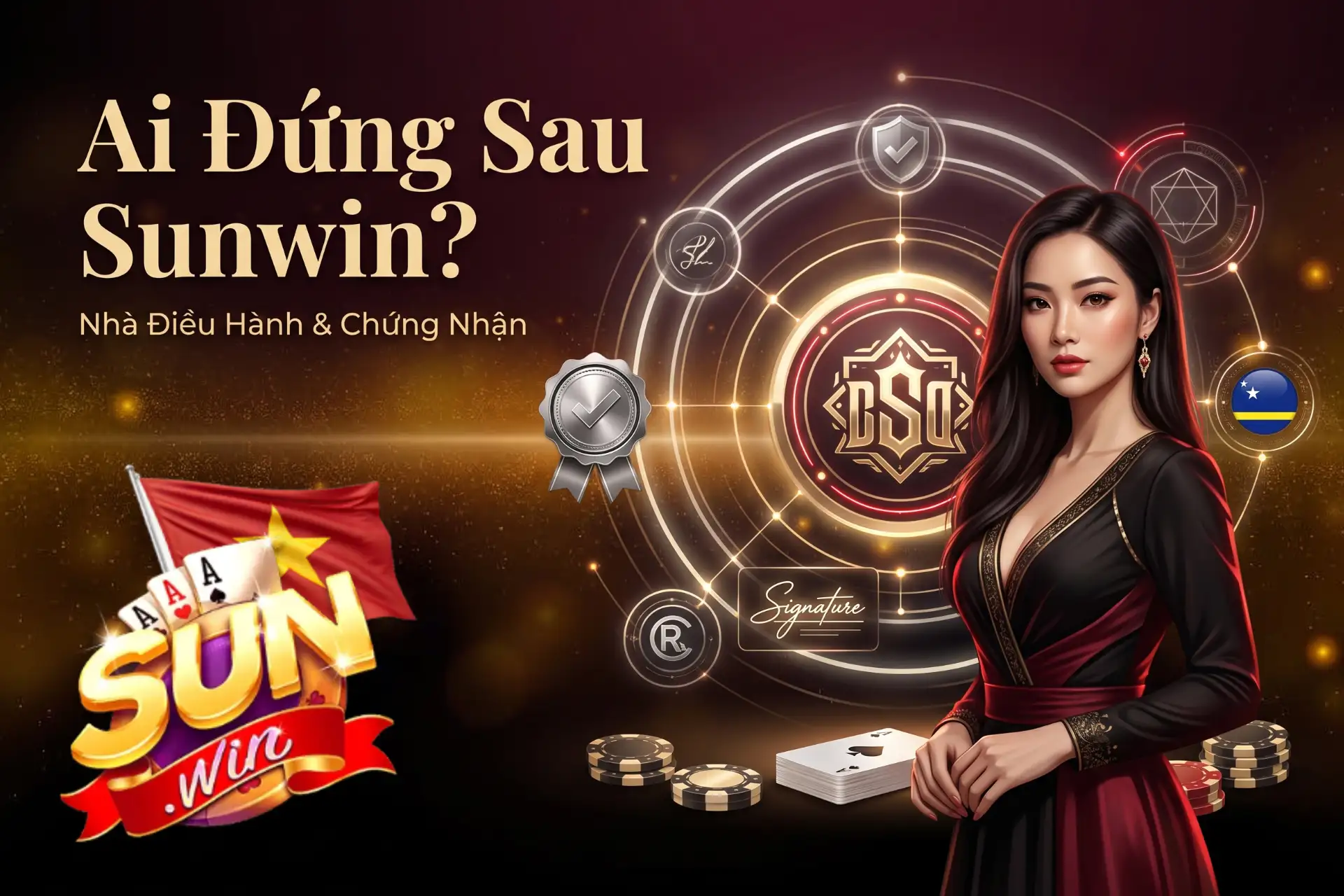 Nguồn gốc nhà điều hành và chứng nhận cá cược quốc tế, minh họa bởi nữ đại diện bên vòng tròn chứng chỉ và huân chương kiểm định.