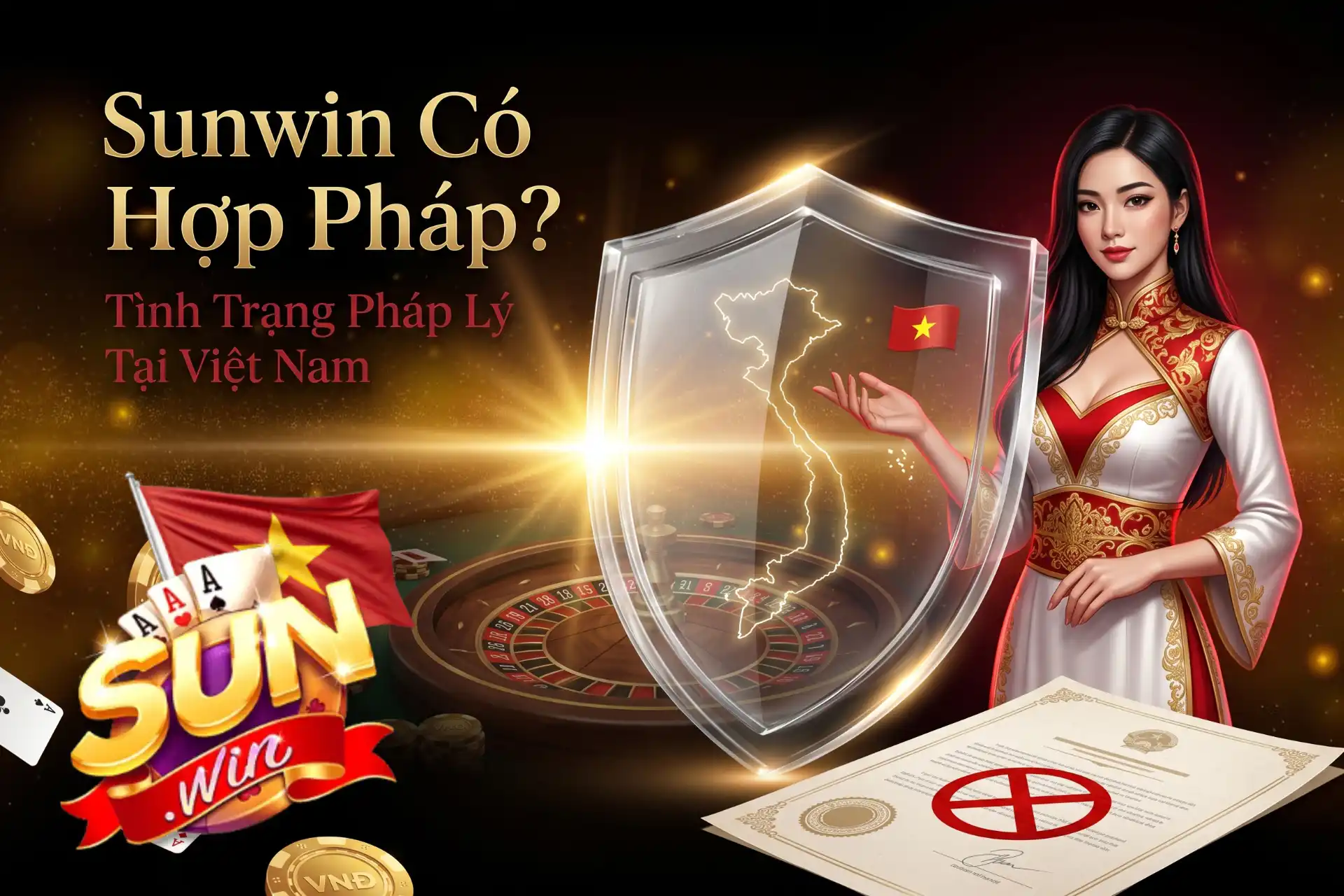 Tính pháp lý của cổng game Sunwin tại thị trường Việt Nam, trình bày qua nữ đại diện tà áo dài bên tấm khiên bản đồ đất nước và giấy phép.