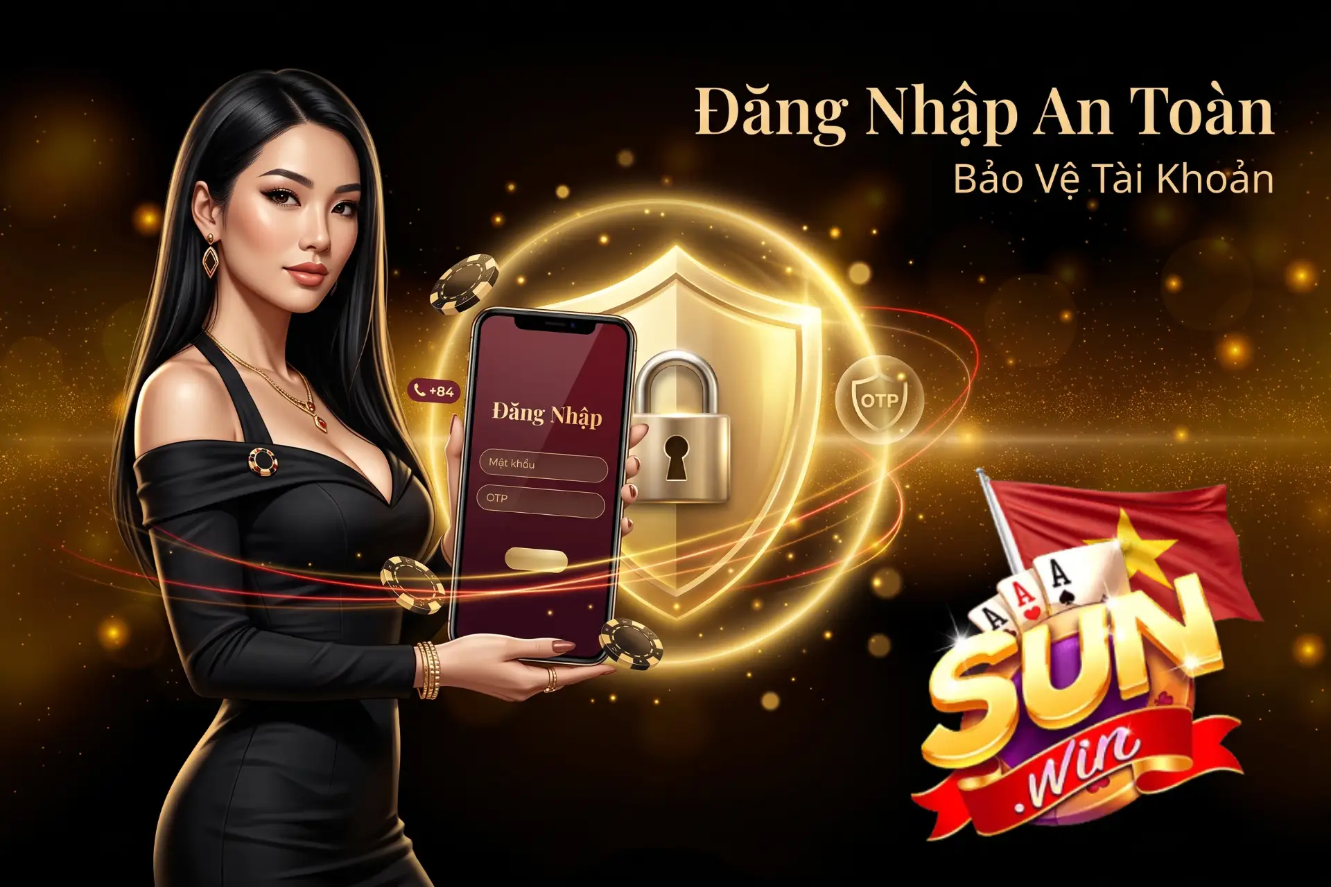 Quy trình đăng nhập tài khoản an toàn với xác thực mã OTP, minh họa bởi cô gái cầm điện thoại trước chiếc khiên vàng có ổ khóa bảo mật.
