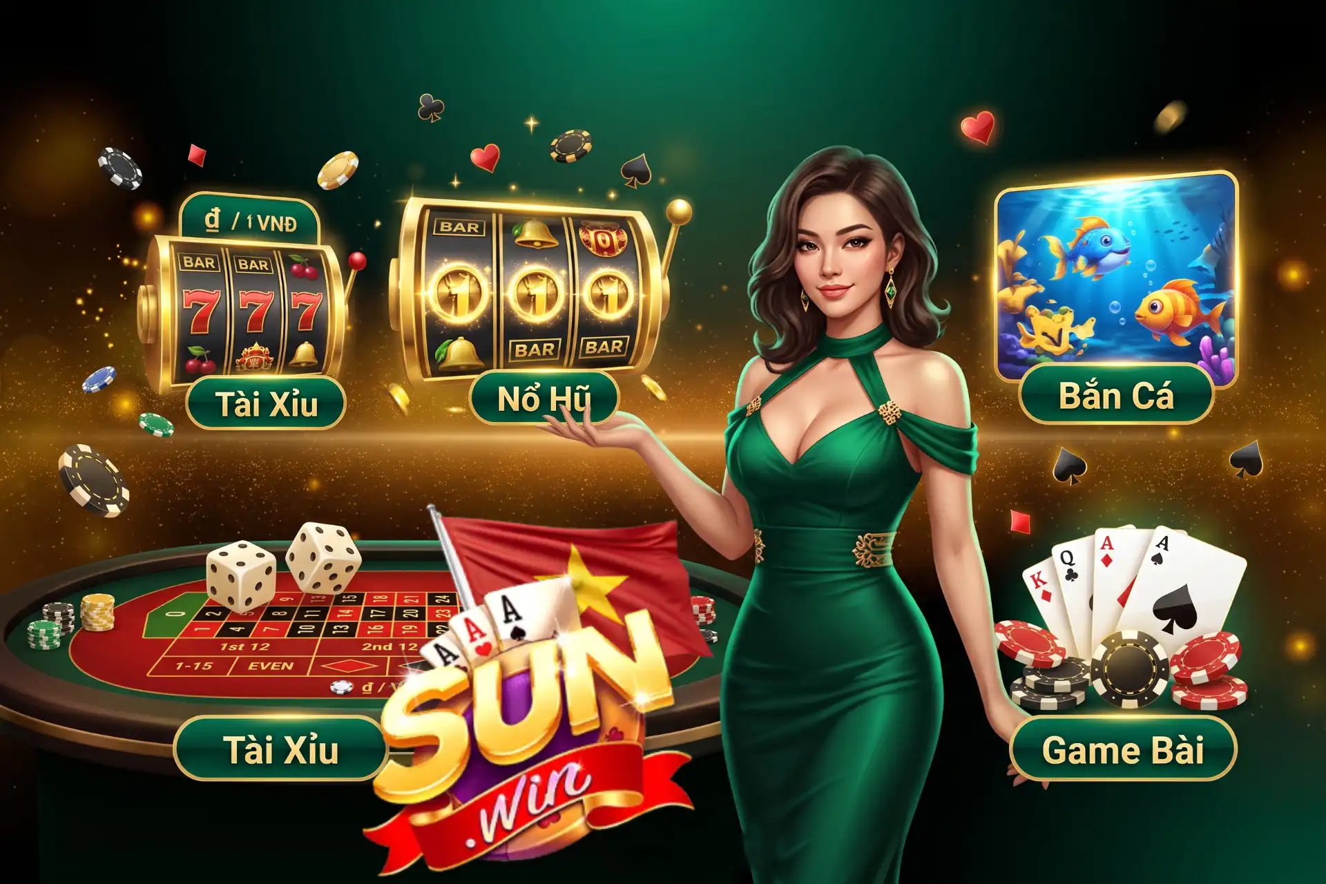 Kho game giải trí đa dạng tại Sunwin gồm Tài Xỉu, Nổ Hũ và Bắn Cá, giới thiệu bởi người đẹp váy xanh bên bàn cược và máy quay xèng.