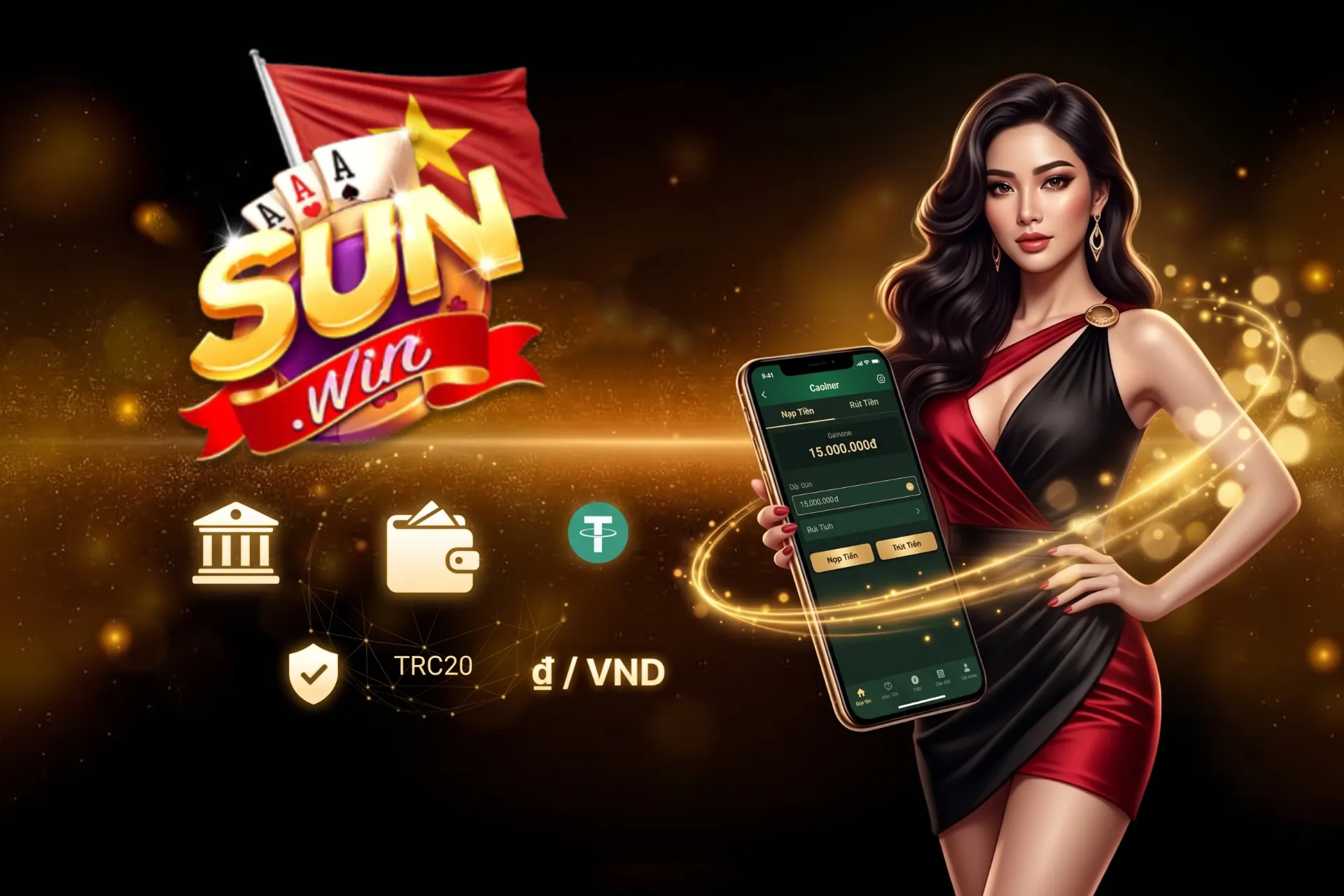 Giao dịch nạp rút tiền tiện lợi qua ngân hàng và ví điện tử, thể hiện qua hình ảnh người đẹp cầm điện thoại cùng biểu tượng tiền tệ VND.
