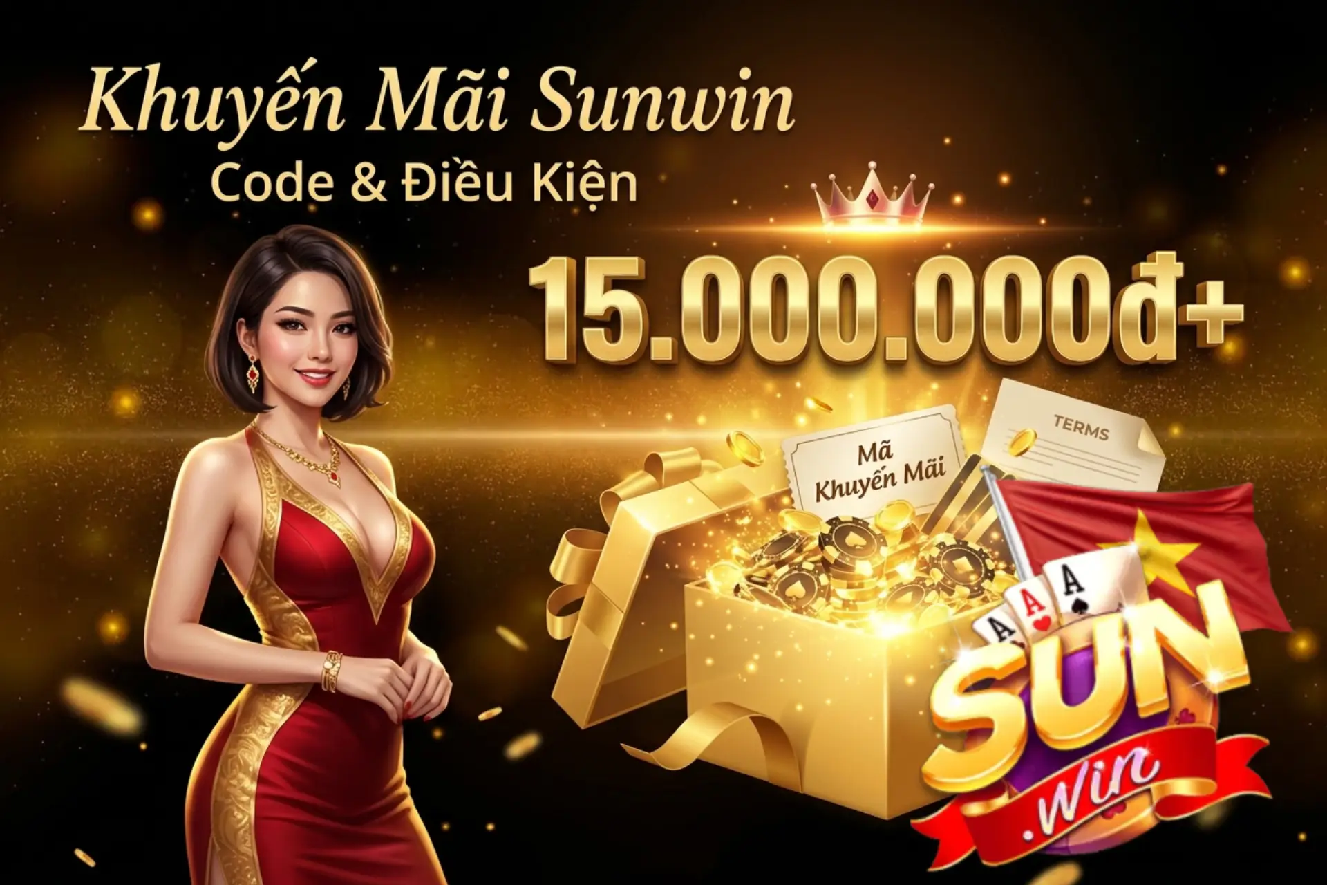 Chương trình khuyến mãi và tặng giftcode giá trị lớn tại Sunwin, minh họa qua cô gái rạng rỡ bên hộp quà vàng phát sáng ngập tràn tiền thưởng.